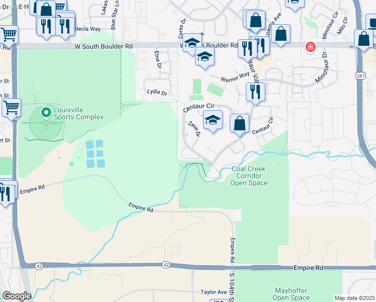 map of restaurants, bars, coffee shops, grocery stores, and more near 1634 Centaur Circle in Lafayette