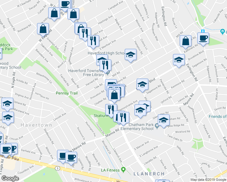 map of restaurants, bars, coffee shops, grocery stores, and more near 6 Kathmere Road in Havertown