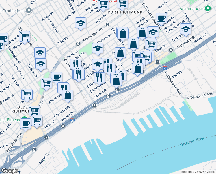map of restaurants, bars, coffee shops, grocery stores, and more near 2928 Salmon Street in Philadelphia