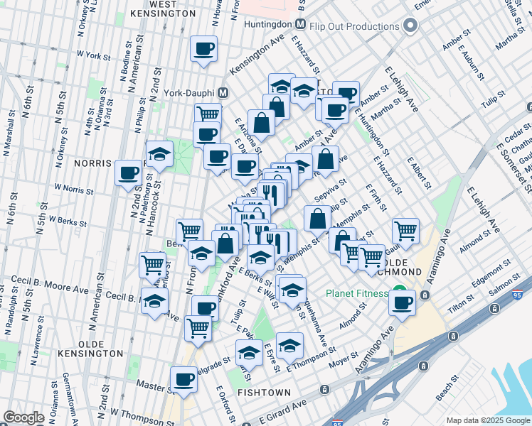 map of restaurants, bars, coffee shops, grocery stores, and more near 2214 Frankford Avenue in Philadelphia