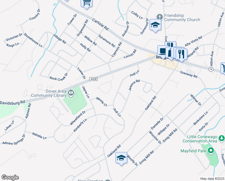 map of restaurants, bars, coffee shops, grocery stores, and more near 3020 Cypress Road South in Dover
