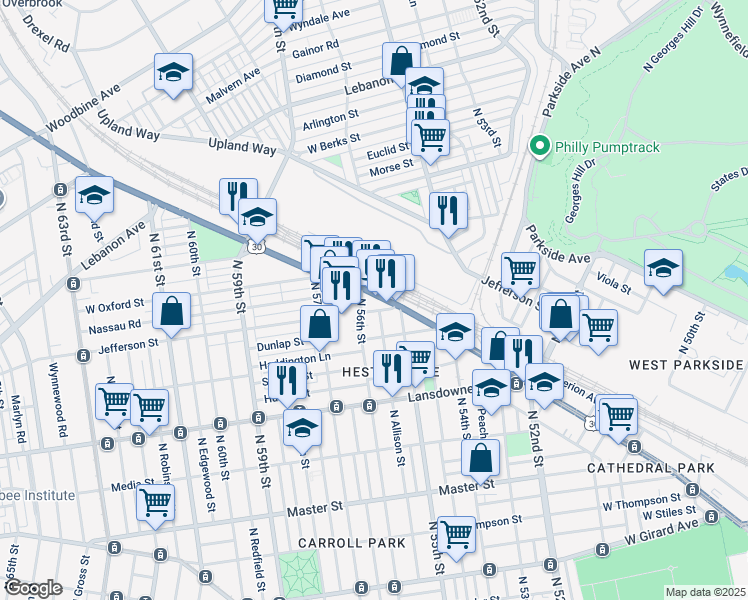 map of restaurants, bars, coffee shops, grocery stores, and more near 5516 Lancaster Avenue in Philadelphia
