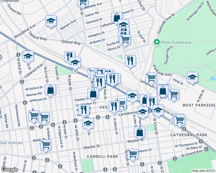 map of restaurants, bars, coffee shops, grocery stores, and more near 5520 Lancaster Avenue in Philadelphia