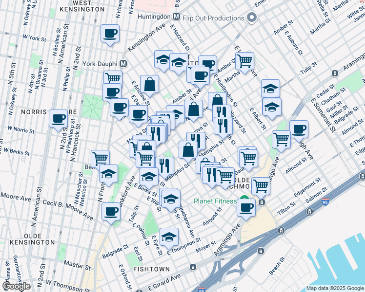map of restaurants, bars, coffee shops, grocery stores, and more near 2208 East York Street in Philadelphia