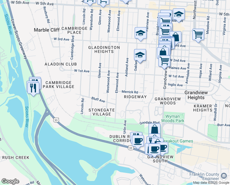 map of restaurants, bars, coffee shops, grocery stores, and more near 1115 Elmwood Avenue in Columbus
