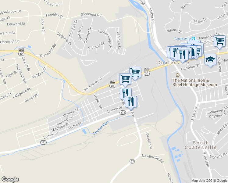 map of restaurants, bars, coffee shops, grocery stores, and more near 337 Charles Street in Coatesville