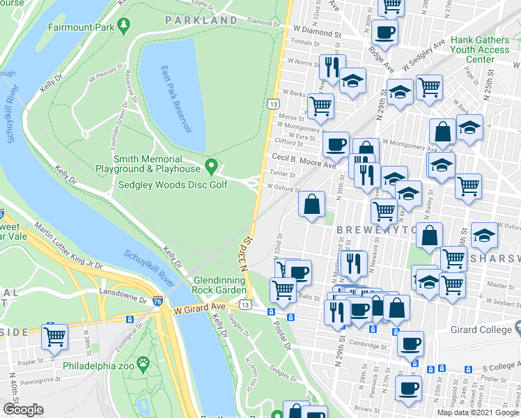 map of restaurants, bars, coffee shops, grocery stores, and more near 1501 North 33rd Street in Philadelphia