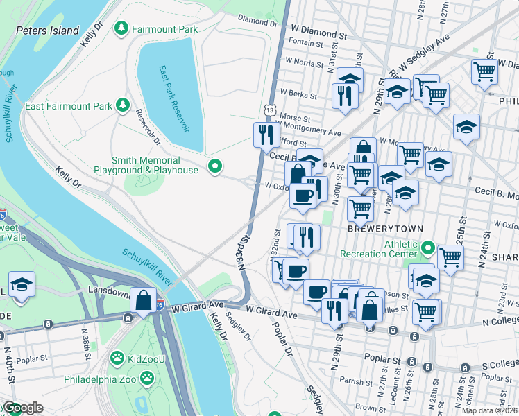 map of restaurants, bars, coffee shops, grocery stores, and more near 1501-5 North 33rd Street in Philadelphia