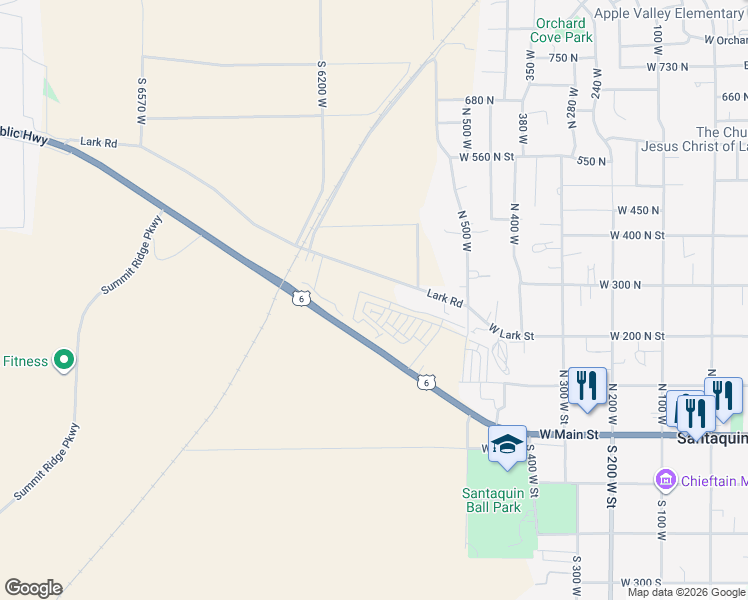 map of restaurants, bars, coffee shops, grocery stores, and more near 690 Empress Street in Santaquin