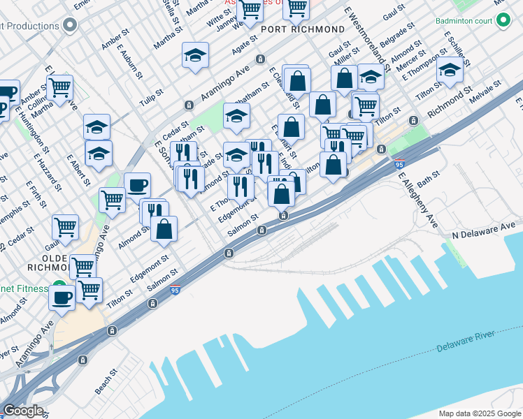 map of restaurants, bars, coffee shops, grocery stores, and more near 2928 Salmon Street in Philadelphia