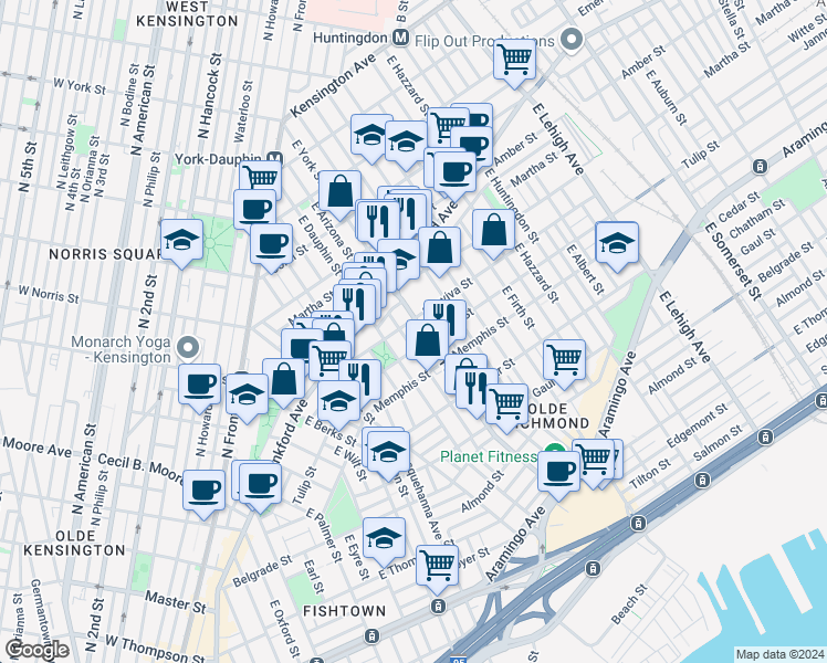 map of restaurants, bars, coffee shops, grocery stores, and more near 2208 East York Street in Philadelphia