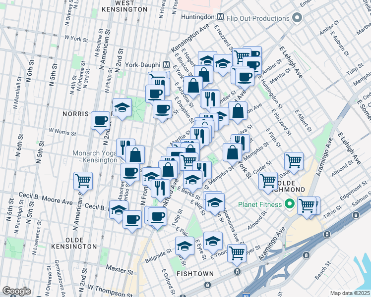 map of restaurants, bars, coffee shops, grocery stores, and more near 2028 Blair Street in Philadelphia