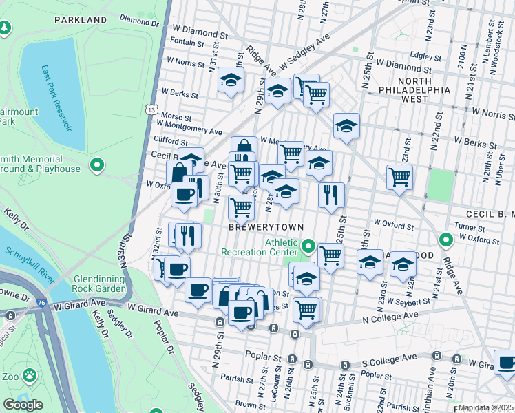 map of restaurants, bars, coffee shops, grocery stores, and more near 2816 West Oxford Street in Philadelphia