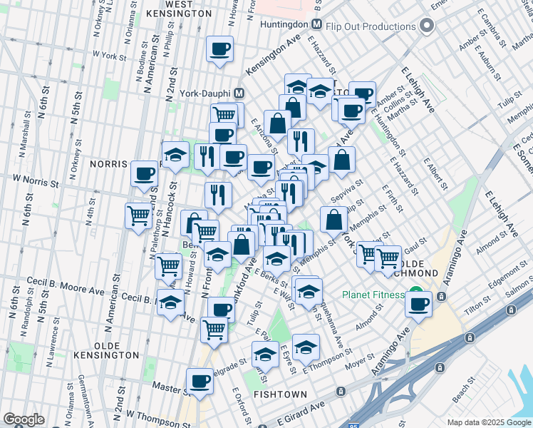 map of restaurants, bars, coffee shops, grocery stores, and more near 2028 Blair Street in Philadelphia