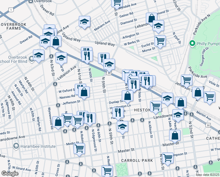 map of restaurants, bars, coffee shops, grocery stores, and more near 5783 Nassau Road in Philadelphia