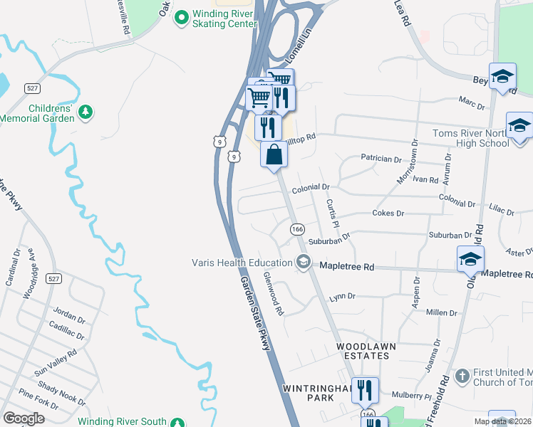 map of restaurants, bars, coffee shops, grocery stores, and more near 1161 Marlane Road in Toms River