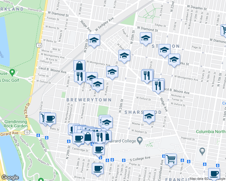 map of restaurants, bars, coffee shops, grocery stores, and more near 1609 North 26th Street in Philadelphia