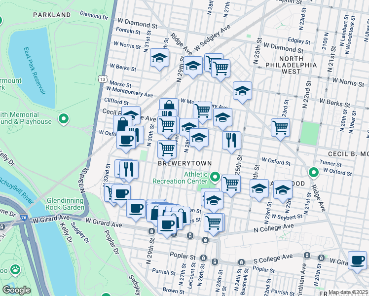 map of restaurants, bars, coffee shops, grocery stores, and more near 1556 North 28th Street in Philadelphia