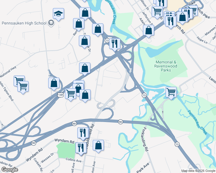 map of restaurants, bars, coffee shops, grocery stores, and more near 2100 Haddonfield Road in Pennsauken Township