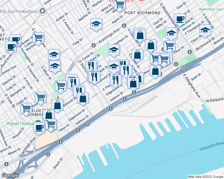 map of restaurants, bars, coffee shops, grocery stores, and more near 2840 Edgemont Street in Philadelphia