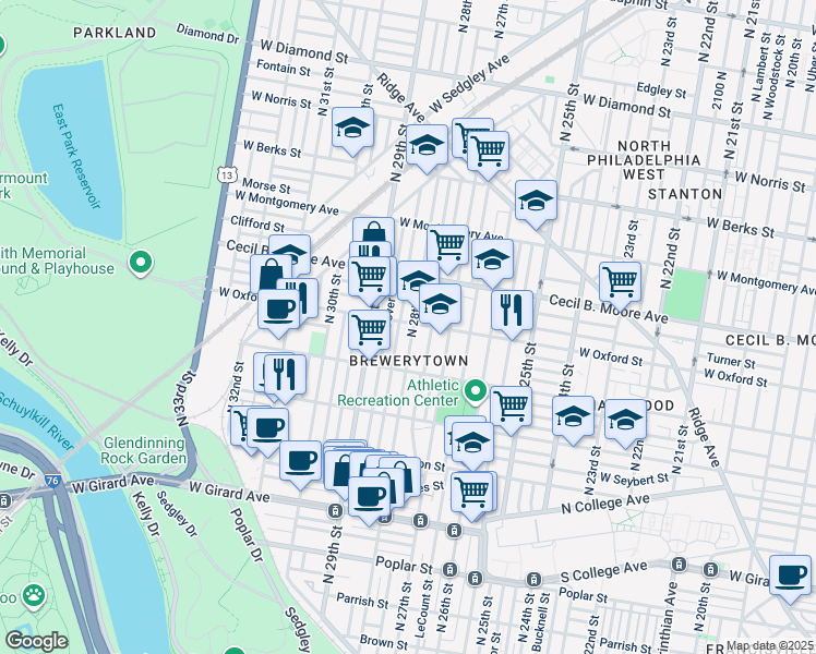 map of restaurants, bars, coffee shops, grocery stores, and more near 1556 North 28th Street in Philadelphia