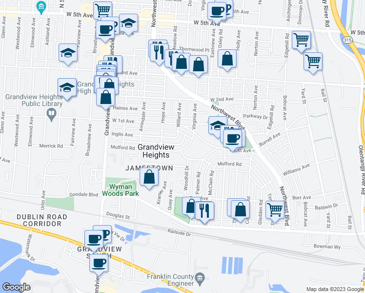 map of restaurants, bars, coffee shops, grocery stores, and more near 1279 Mulford Road in Columbus
