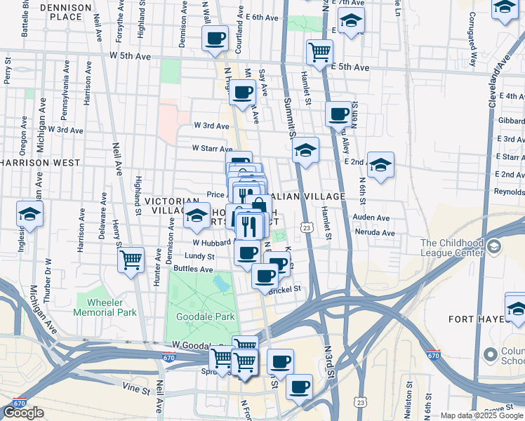 map of restaurants, bars, coffee shops, grocery stores, and more near in Columbus