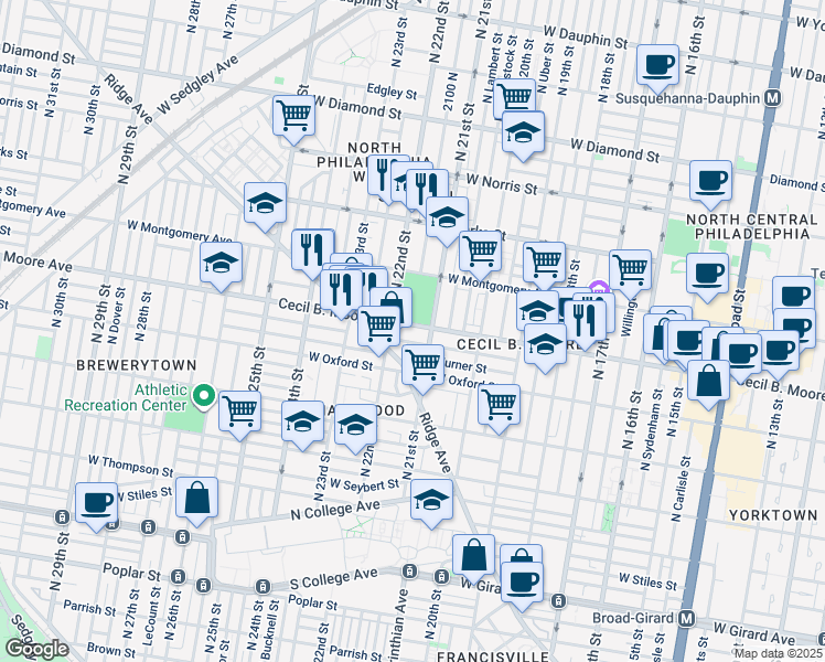 map of restaurants, bars, coffee shops, grocery stores, and more near 2122 Cecil B. Moore Avenue in Philadelphia