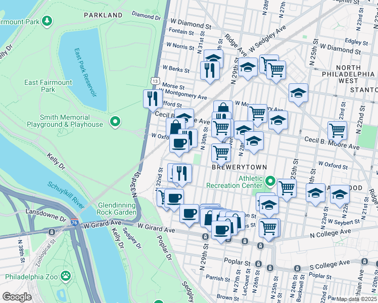 map of restaurants, bars, coffee shops, grocery stores, and more near 3036 Redner Street in Philadelphia