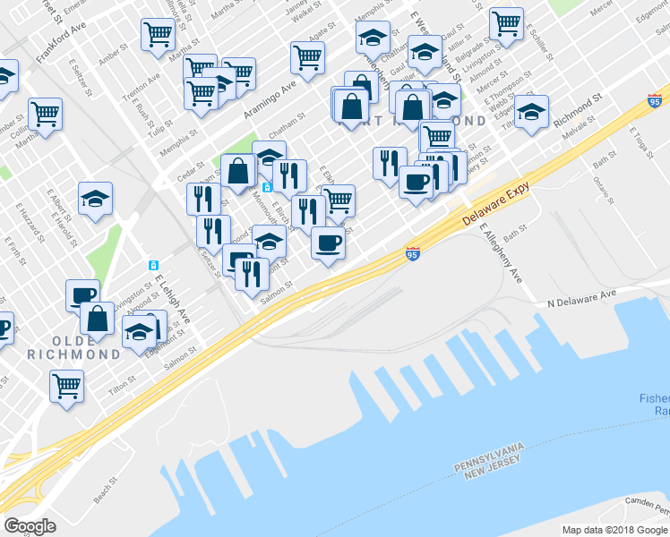 map of restaurants, bars, coffee shops, grocery stores, and more near in Philadelphia