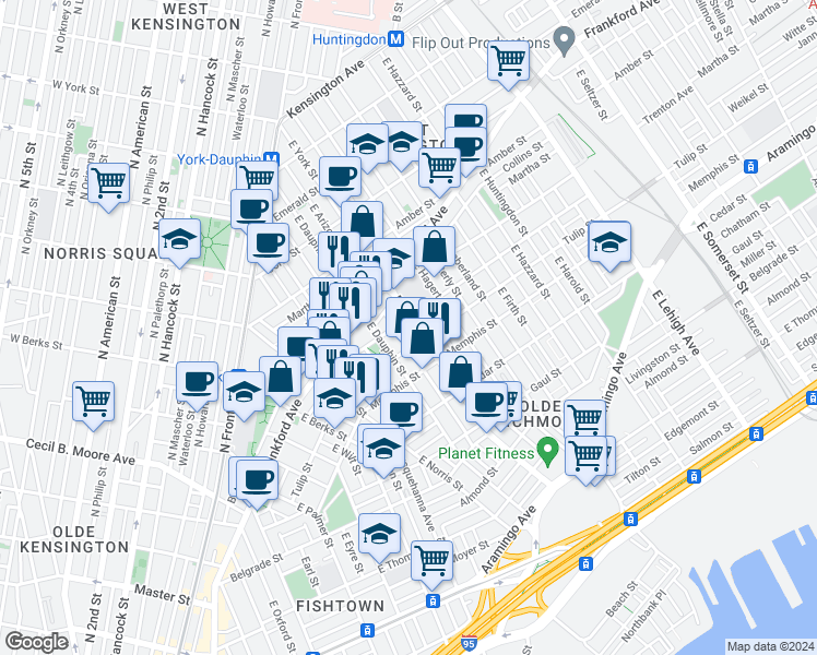 map of restaurants, bars, coffee shops, grocery stores, and more near 2223 East Dauphin Street in Philadelphia