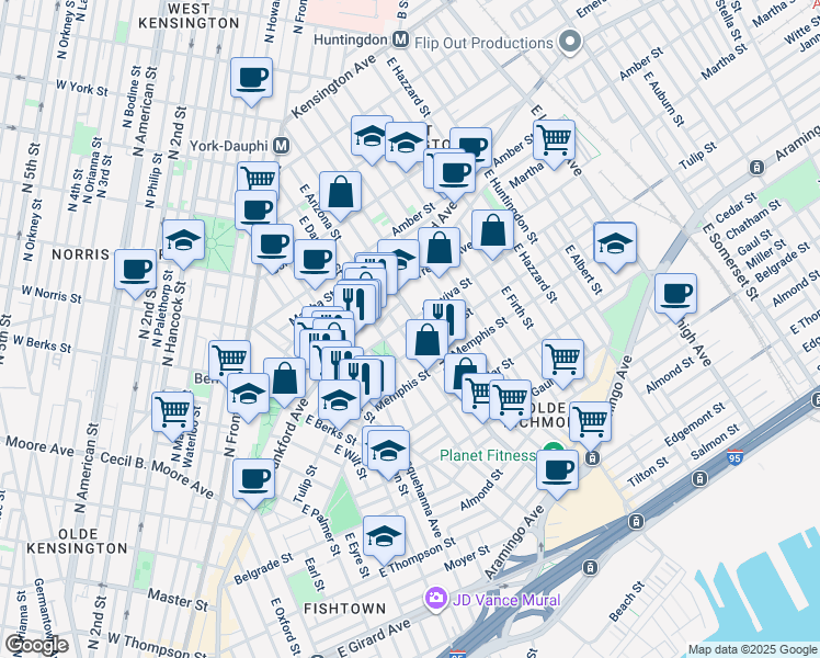 map of restaurants, bars, coffee shops, grocery stores, and more near 2223 East Dauphin Street in Philadelphia