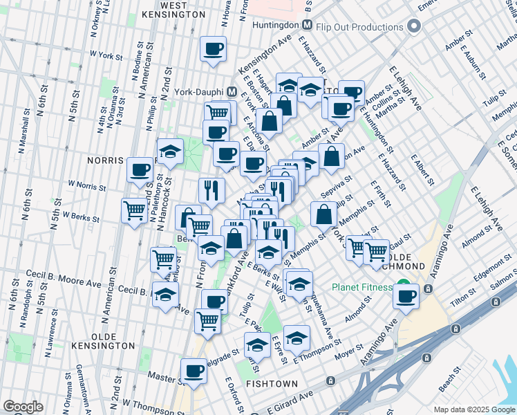map of restaurants, bars, coffee shops, grocery stores, and more near 2028 Blair Street in Philadelphia