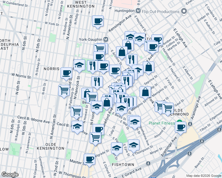 map of restaurants, bars, coffee shops, grocery stores, and more near 2028 Blair Street in Philadelphia