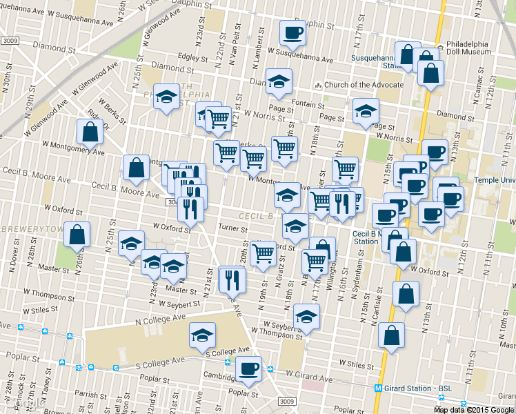 map of restaurants, bars, coffee shops, grocery stores, and more near in Philadelphia