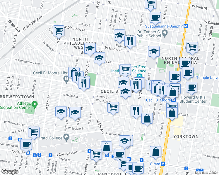 map of restaurants, bars, coffee shops, grocery stores, and more near in Philadelphia