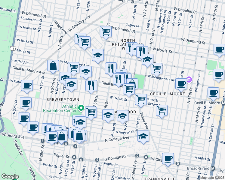 map of restaurants, bars, coffee shops, grocery stores, and more near in Philadelphia