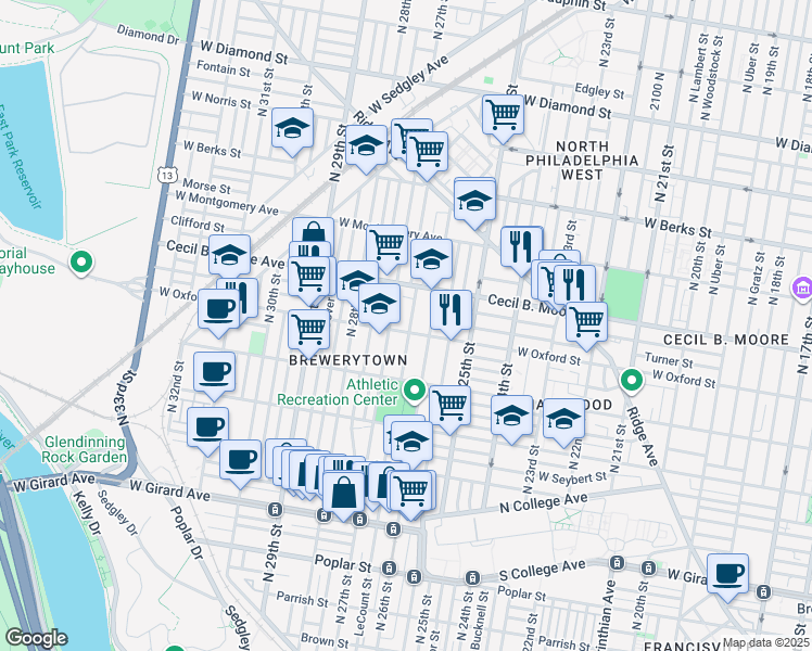 map of restaurants, bars, coffee shops, grocery stores, and more near 1532 North Bailey Street in Philadelphia