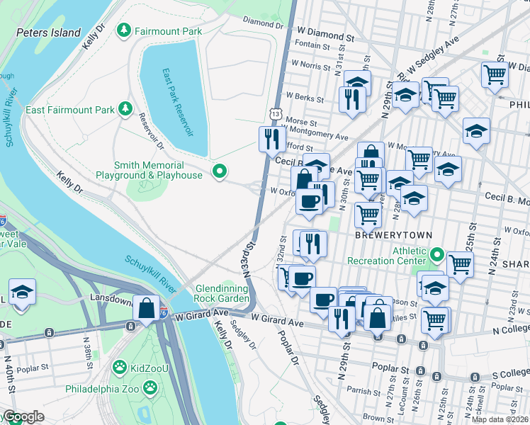 map of restaurants, bars, coffee shops, grocery stores, and more near 1501-5 North 33rd Street in Philadelphia