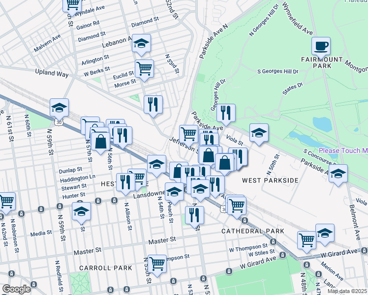 map of restaurants, bars, coffee shops, grocery stores, and more near 655 Monticello Street in Philadelphia