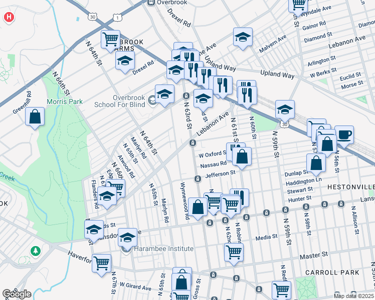 map of restaurants, bars, coffee shops, grocery stores, and more near 927 Wynnewood Road in Philadelphia