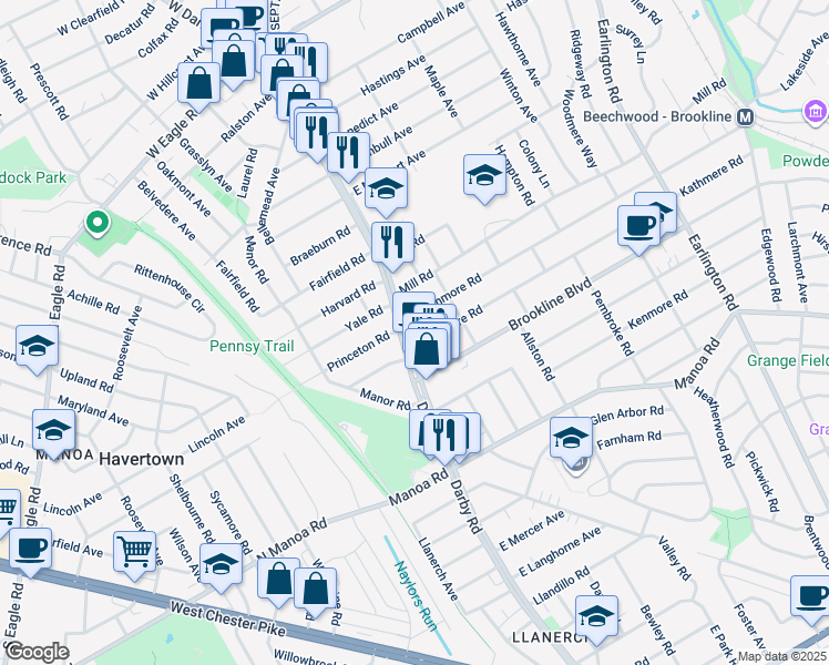 map of restaurants, bars, coffee shops, grocery stores, and more near 1323 Darby Road in Havertown