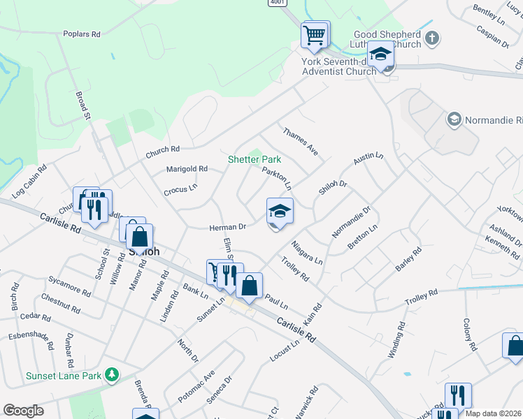 map of restaurants, bars, coffee shops, grocery stores, and more near 1888 Herman Drive in York