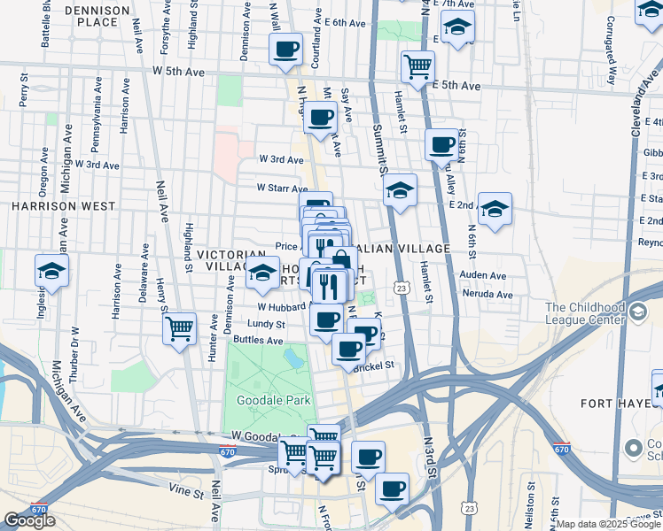 map of restaurants, bars, coffee shops, grocery stores, and more near in Columbus