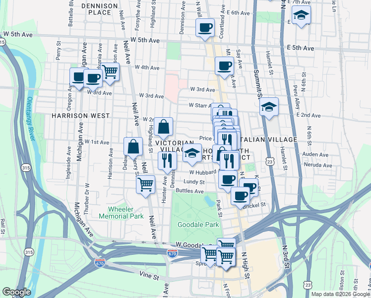 map of restaurants, bars, coffee shops, grocery stores, and more near 866 Dennison Avenue in Columbus