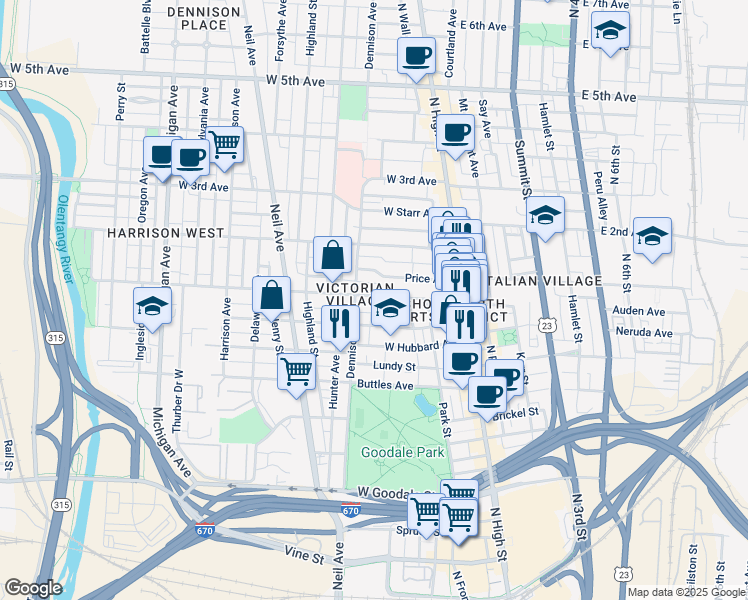 map of restaurants, bars, coffee shops, grocery stores, and more near 866 Dennison Avenue in Columbus