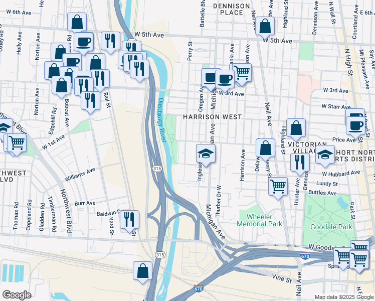 map of restaurants, bars, coffee shops, grocery stores, and more near 304 Perry Street in Columbus