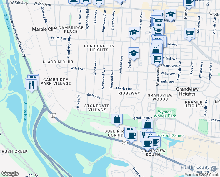 map of restaurants, bars, coffee shops, grocery stores, and more near 1115 Elmwood Avenue in Columbus