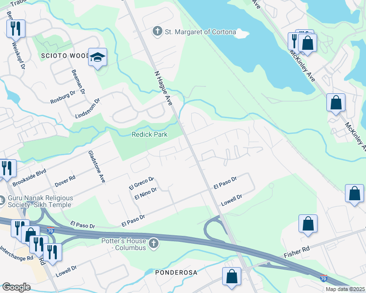 map of restaurants, bars, coffee shops, grocery stores, and more near 3041 La Vista Drive in Columbus