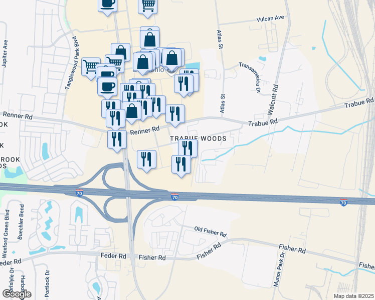map of restaurants, bars, coffee shops, grocery stores, and more near 1353 Crossing Green Lane in Columbus